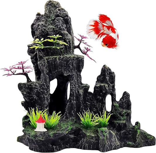 Large Aquarium Decoration, Artificial Mountain View Fish Tank Decoration, Very Suitable for Aquatic Pets Such as Fighting Fish and Ornamental Fish to Hide and Explore -10.5 inches high