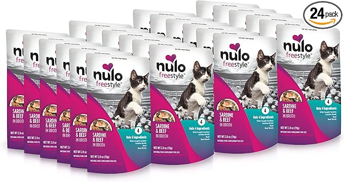Nulo FreeStyle Cat & Kitten Wet Cat Food - Sardine & Beef in Broth, Grain-Free, High Protein Soft Food Topper Treat, 2.8oz Pouches (Pack of 24)