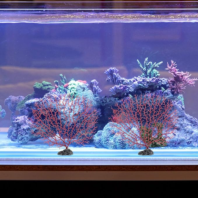 POPETPOP Aquarium Decor Simulated Sea Fan Coral Branches Medium Size 9.05X7.87X1.81In Artificial Fish Tank Plants 2 Pieces Natural Shelter for Aquatic Pets