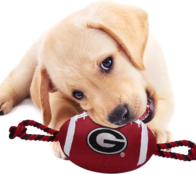 NCAA Georgia Bulldogs Football Dog Toy, Tough Quality Nylon Materials, Strong Pull Ropes, Inner Squeaker, Collegiate Team Color