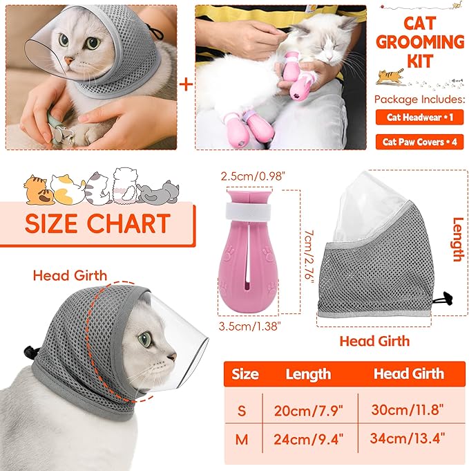 Adjustable Cat Muzzle for Grooming & Biting Prevention, Upgrade Kitten Head Cover,Breathable Anti-Bite Cat Mask with 4 Anti-Scratch Gloves Boots Silicone Shoes for Nail Trim Bath Vet Visit (Grey, S)