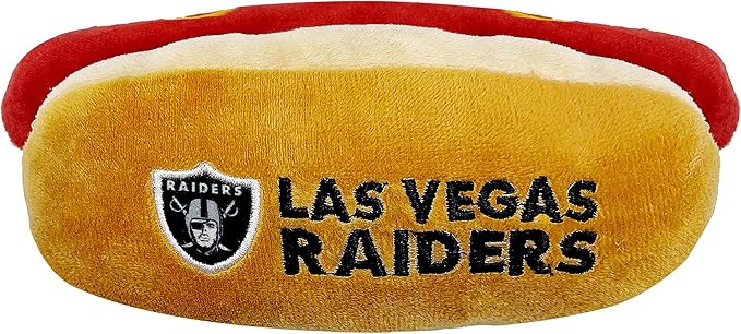 Pets First NFL LAS Vegas Raiders HOT Dog Plush Dog - Cutest HOT-Dog Snack Plush Toy for Dogs & Cats with Inner Squeaker & Beautiful Football Team Name/Logo,Team Color,8 x 5 x 3 Inches,OAK-3354