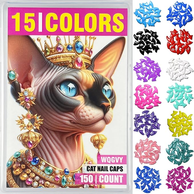 15 Colors / 150 pcs Cat Nail Caps | Cat Claw Covers with Adhesives and Applicators (M)
