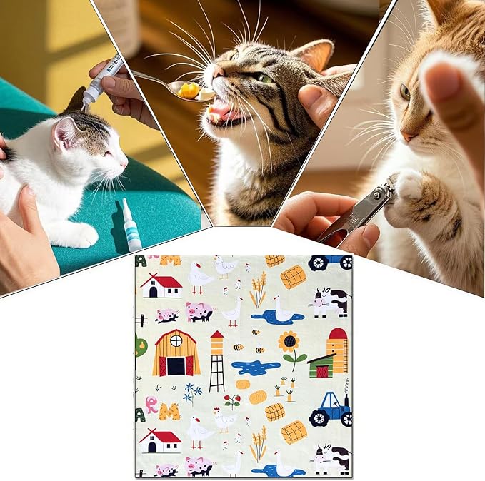 Cat Wrap for Cutting Nails Cloth Burrito Wrap for Nail Clipping,Scratch and Escape Prevention,Multi-Purpose Swaddle Wrap Pet Worker (Farm + House, 27.56inchx27.56inch)