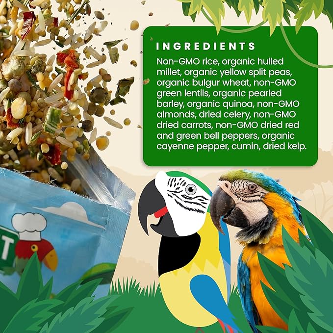 Bird Street Bistro Parrot Food for Parakeets & Cockatiels - Hearty Veggies - 20 oz - Cooks in 3-15 min, Natural Grains, Fruits & Vegetables - USA Made