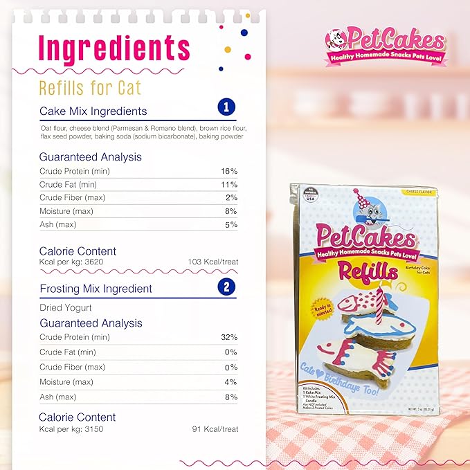 PetCakes Birthday Treat Mix Refills for Cats - Make Healthy Cakes - Includes 1 Cake Mix, 1 Frosting & Candle, Cheese Flavor - Net Wt. 3oz (Pack of 2)
