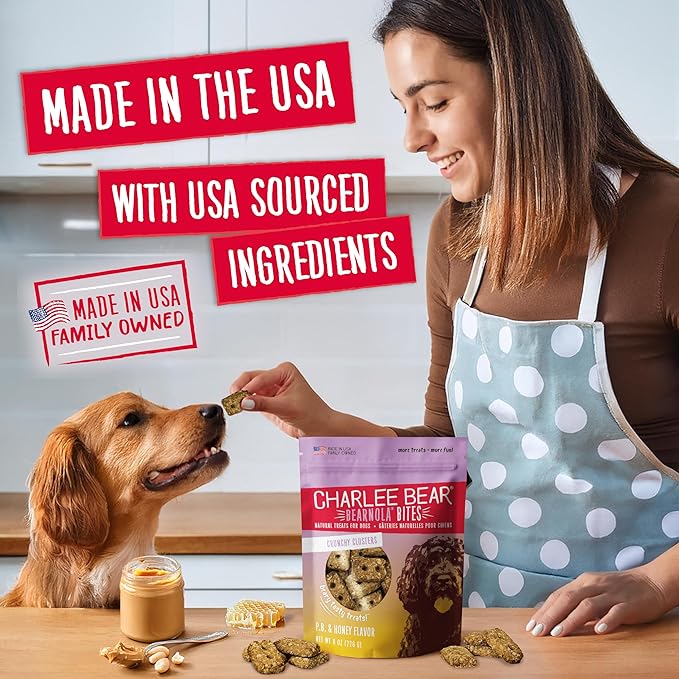 Charlee Bear Bearnola Bites Crunchy Dog Treats, Peanut Butter and Honey, 8 Ounce Resealable Bag, Limited Ingredient, Natural, Healthy Granola Dog Snacks, Made in USA