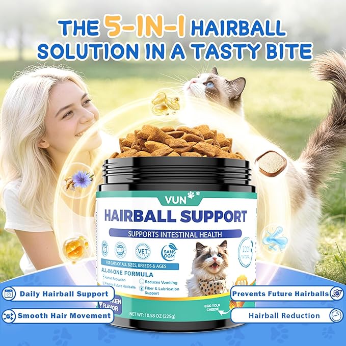 VUN Cat Hairball Support Crunchy & Creamy Chews, Hairball Treatment for Cats, Remedy Cat Treats, Cats Furball and Hair Ball Supports Skin & Coat, Digestion, Vitamins,Chicken Flavor (90-Day Supply)
