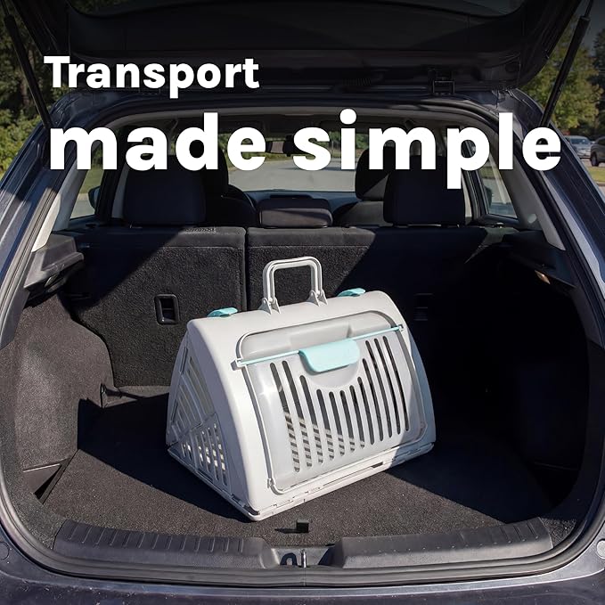 SportPet Large Hard-Sided Travel Cat Carrier - Cat Carrier with Patented Wide Side-Opening Door, Foldable Portable Pet Carrier with Removable Bed for Cats & Small Pets up to 25lbs - Gray
