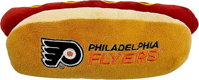 Pets First NHL Philadelphia Flyers HOT Dog Plush Dog & CAT Squeak Toy - Cutest HOT-Dog Snack Plush Toy for Dogs & Cats with Inner Squeaker & Beautiful Hockey Team Name/Logo