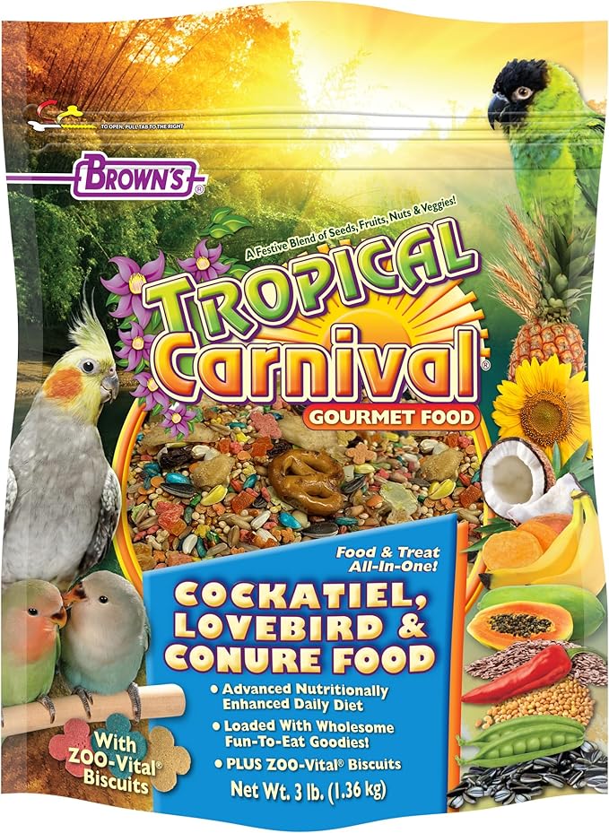 F.M. Brown's Tropical Carnival Gourmet Bird Food for Cockatiels, Lovebirds, and Conures, Vitamin-Nutrient Fortified Daily Diet, 3lb