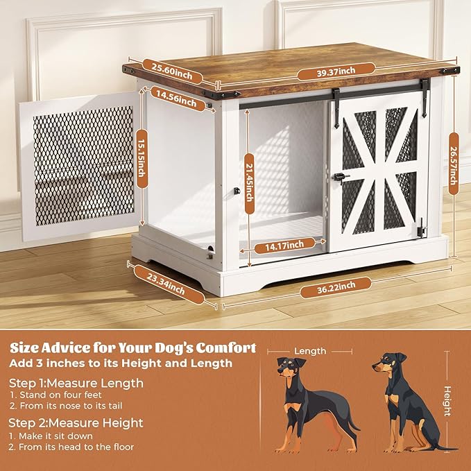 VOPEAK 40" Farmhouse Dog Crate Furniture, Heavy Duty Dog Crate for Medium Large Dogs, Wood Dog Cage Dog Kennel Indoor with Double Doors, Chew Resistant End Table for Bedroom Living Room, White