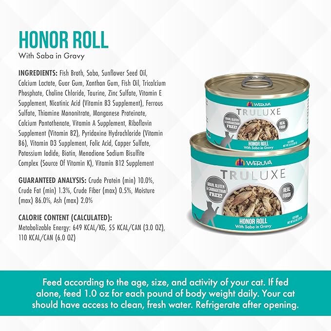 Weruva Truluxe Cat Food, Honor Roll with Wild-Caught Saba in Gravy, 3oz Can, Pack of 24