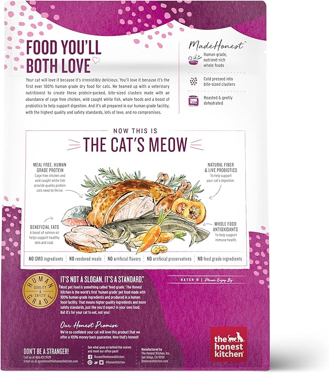 The Honest Kitchen Human Grade Dry Cat Food, Whole Food Clusters Grain Free Dry Cat Food, Chicken & Fish, 1 lb Trial Pouch