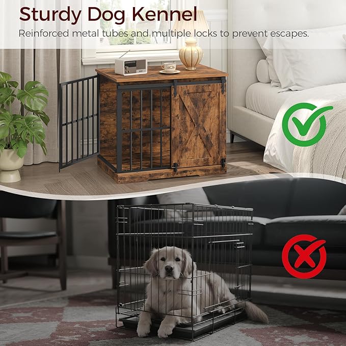 MAHNACRIS 31.5" Farmhouse Dog Crate Furniture with Barn Door, Heavy Duty Dog Kennel for Small Medium Dogs, Wooden Dog Cage End Table, Decorative Pet House, Chew Resistant, Rustic Brown DCHR8001