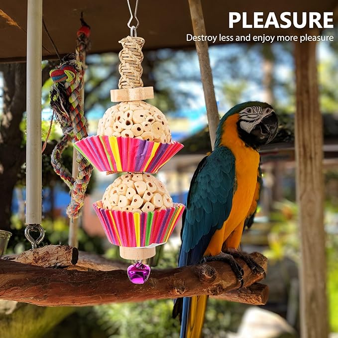 BESTonZON Parrot Chewing Hanging Bird Cage Accessory with Natural Rattan and Two Shreddable Balls for Parakeets and Small Birds to Chew and Play