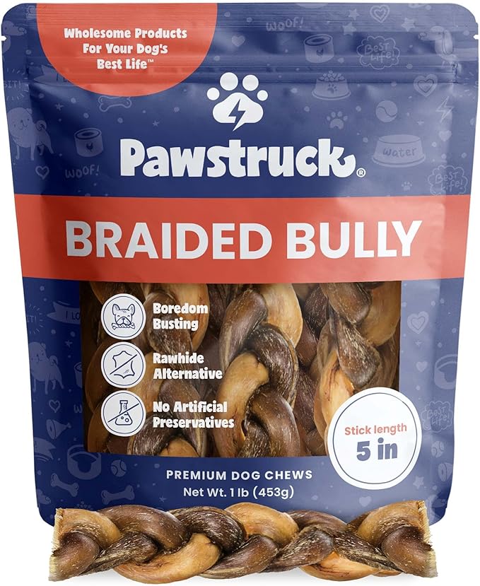 Pawstruck 100% Natural 5-in Braided Bully Sticks 1 lb Bag - Long Lasting Rawhide Free Single Ingredient Dog Chews for Aggressive Chewers with Premium Beef Pizzle and Dental Health Benefits