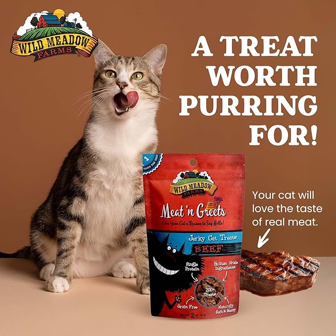 Cat Treats - Meat 'N Greets - Soft Jerky Treats with Real Meat, High Protein, Grain-Free, Perfect for Training & Rewarding, All Natural Snacks for Cats - Beef Flavor