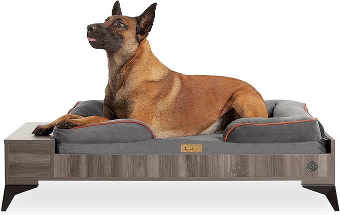 Wooden Dog Bed with Mattress, Large to Extra Large Water-Resistant Elevated Pet Bed, Wooden Pet Bed with Storage, Greenguard Gold Certified, Machine Washable, Smokey Grey, Wyatt - TailZzz