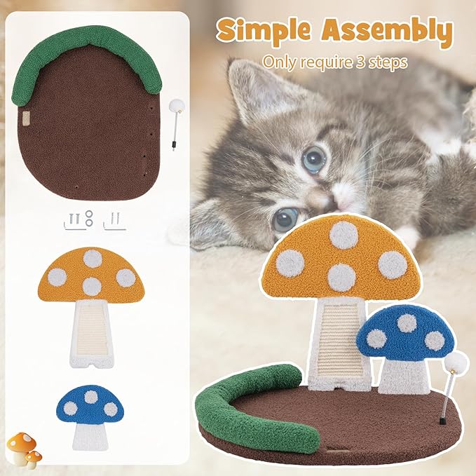 PETSITE Mushroom Cat Tree for Indoor Cats, Modern Small Cute Cat Tree with Natural Sisal Scratching Board, and Teasing Spring Ball (17 Inches Tall)
