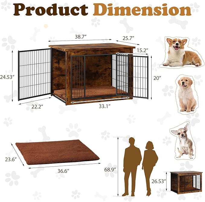 Dog Crate Furniture with Thick Cushion, Side End Table Wooden Dog Cage with Double Doors, Chew-Resistant Dog Kennel Dog House Indoor for Small to Large Dog