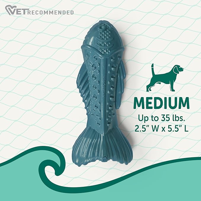 Nylabone Love Our Oceans Textured Fish Power Chew Toy for Dogs, Recycled & Sustainable Chew Bones for Dogs, Dog Toys Made in USA, Salmon Flavor, Medium Dog Toys - Up to 35 lbs, 1 Count