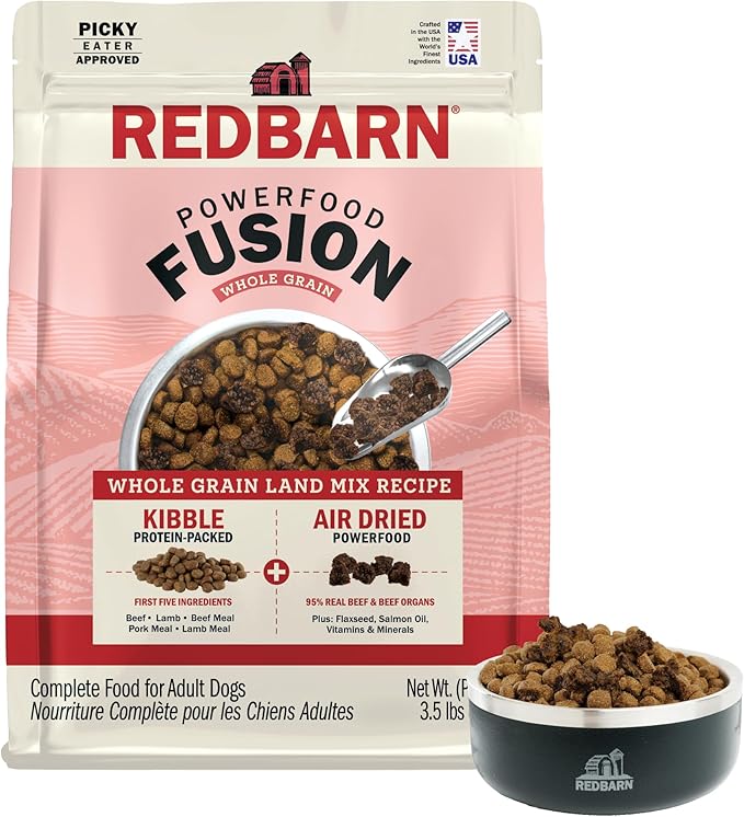 Redbarn Powerfood Fusion Air Dried Kibble Blend – Whole Grain Land Beef Lamb Recipe – Made in USA Adult Dry Dog Food with Superfoods, Prebiotics, Postbiotics - 3.5lb Bag