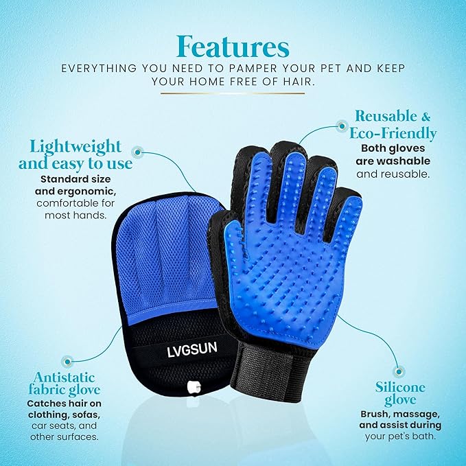 Cat Grooming Gloves for Shedding – Pet Hair Remover Set with Cleaning Mitt – 2 Grooming Gloves + 1 Reusable Pad for Cats, Dogs & Horses – Long & Short Hair Deshedding