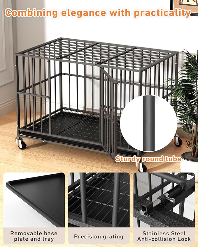 48 inch Heavy Duty Dog Crate with Dual Doors and Lockable Wheels, Large Dog Kennel Indoor, Removable Tray for Easy Cleaning, Dog Cage for Medium to Large Breeds and Anxious Dogs