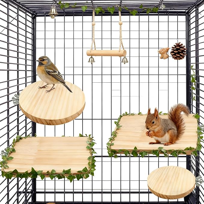 5 Pcs Wooden Hamster Cage Platform Hamster Rectangle L-Shaped Round Accessories Bird Cage with Wood Perches Stand Board for Mouse Squirrel Gerbil Guinea Pig Birds Parrots Activity Playground