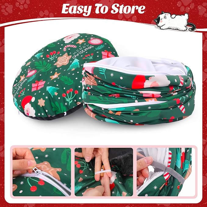 Christmas Tree Cat Tunnel, Soft Cat Tunnels for Indoor Cats with Middle Cushion, Cute Pet Donut Cave Bed Play Toys, Xmas Tree Decorations Protector Gifts