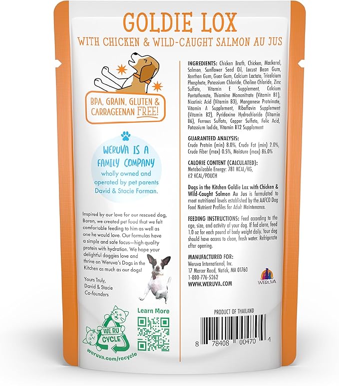 Weruva Dogs in The Kitchen, Goldie Lox with Chicken & Wild-Caught Salmon Wet Dog Food, 2.8oz Pouch (Pack of 12)