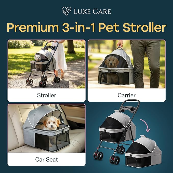4 Wheel Foldable Pet Stroller - Lightweight Dogs and Cats Stroller Upto 44lbs with Mesh Canopy, Storage Basket and Cup Holder, Durable for Walks and Outings (Small)