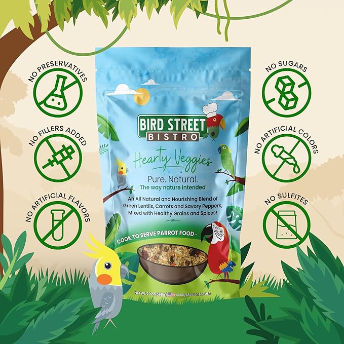 Bird Street Bistro Parrot Food for Parakeets & Cockatiels - Hearty Veggies - 20 oz - Cooks in 3-15 min, Natural Grains, Fruits & Vegetables - USA Made