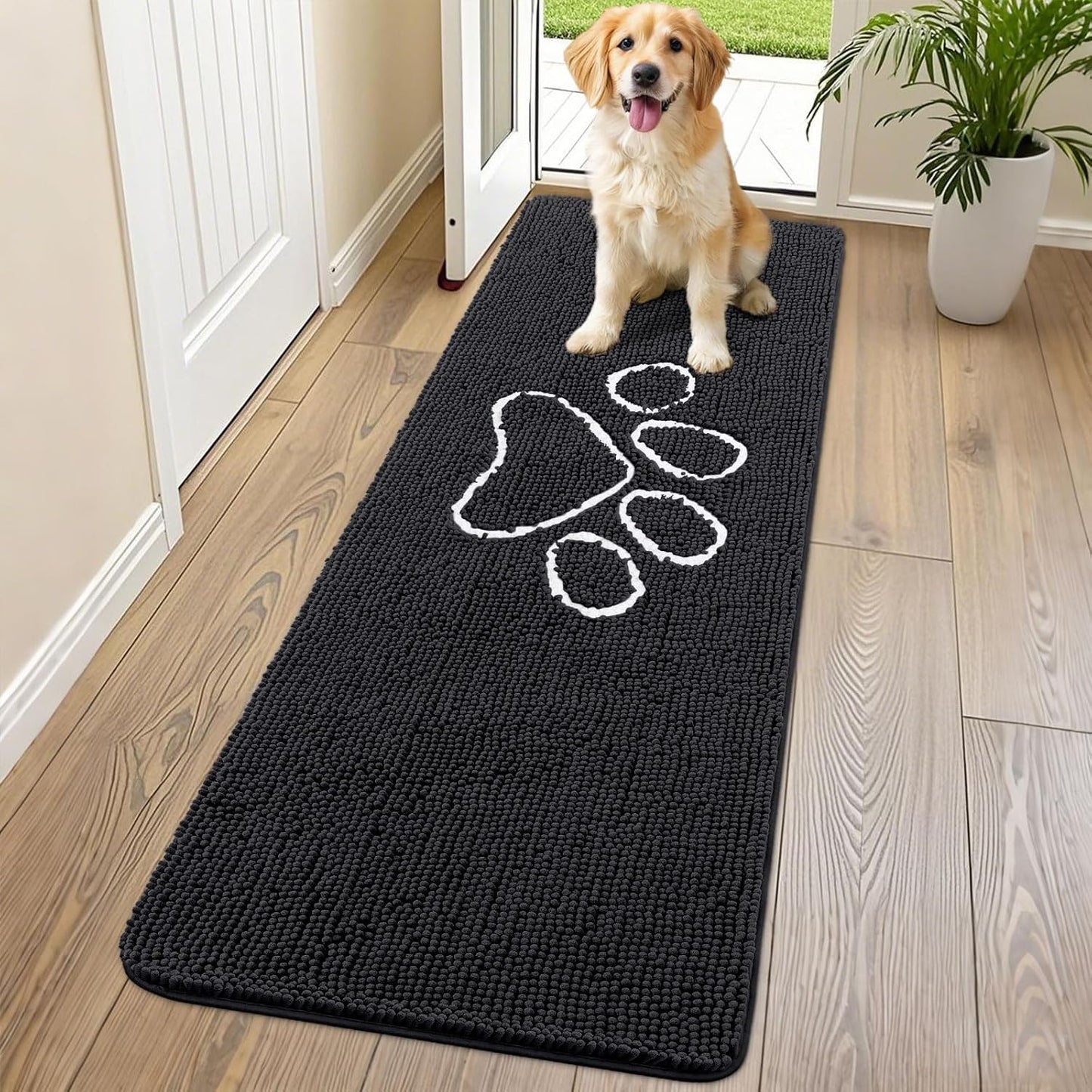 Smiry Dog Door Mat for Muddy Paws, Absorbent Dirt Trapper Non Slip Quick Dry Washable Chenille Mat for Mud Dogs, Entry Rug for Indoor and Outdoor (70x24 Inches, Black)