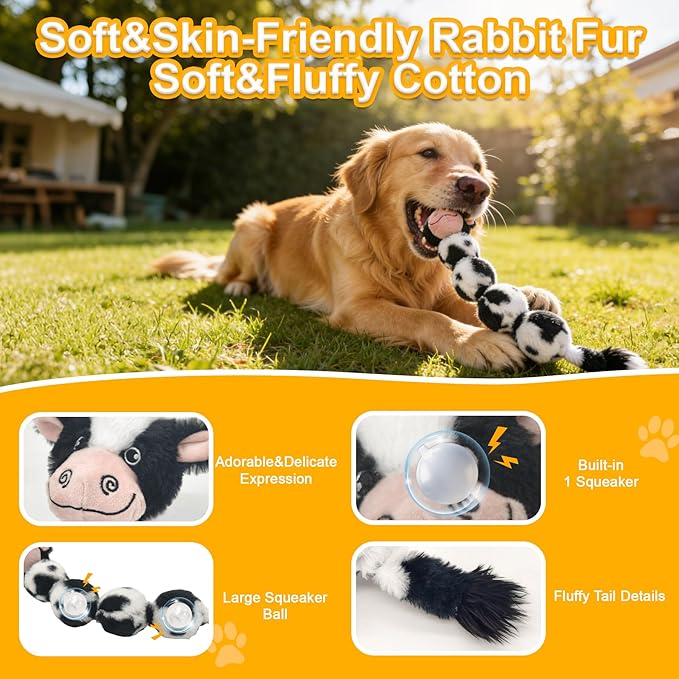 Cow Long Plush Squeaky Dog Toy for Chewers Puppy Teething Chew Toy Cute Soft Funny Durable Stuffed Animal Interactive Tug-of-War Dog Toy for Small Medium Large Dogs Toy Gift 52cm/20.47in