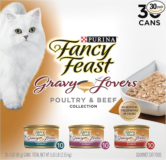 Purina Fancy Feast Gravy Lovers Poultry and Beef Grilled Gourmet Wet Cat Food Variety Pack - (Pack of 30) 3 oz. Cans