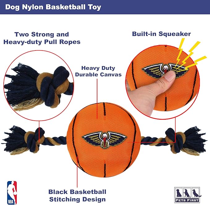 Pets First NBA New Orleans Pelicans Basketball Toy. - Tough Nylon Pet Toy with Tug Ropes & Inner Squeaker, One Size, NOP-3105