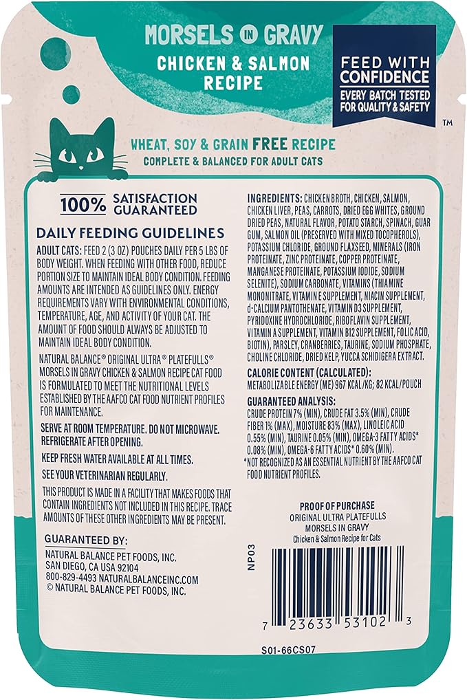 Natural Balance Original Ultra Platefulls Adult Grain-Free Wet Cat Food, Chicken & Salmon Recipe, 3 Ounce Pouch (Pack of 24)