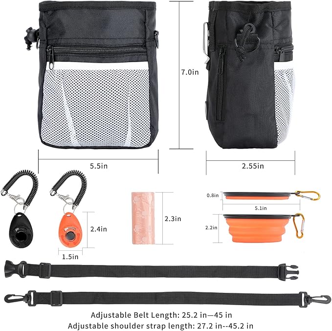Dog Treat Pouch for Pet Training, 3-Way Wear Training Bag with 2 Clickers, Collapsible Bowl & Poop Bag, Large Capacity Dog Training Kit with Adjustable Waist Belt/Shoulder Strap for Walking