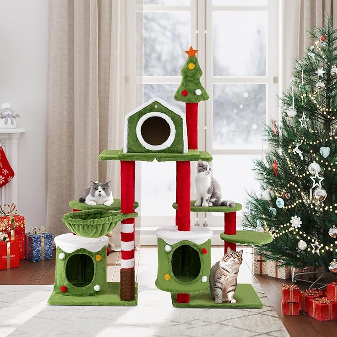 PETSITE 58 Inch Cat Christmas Tree, Multi-Level Cat Tower with 3 Cat Condos, Cat Self Groomer, Side Basket, Faux Christmas Tree, and Anti-Tipping Kit, Christmas-Themed Cat Tree for Indoor Cats