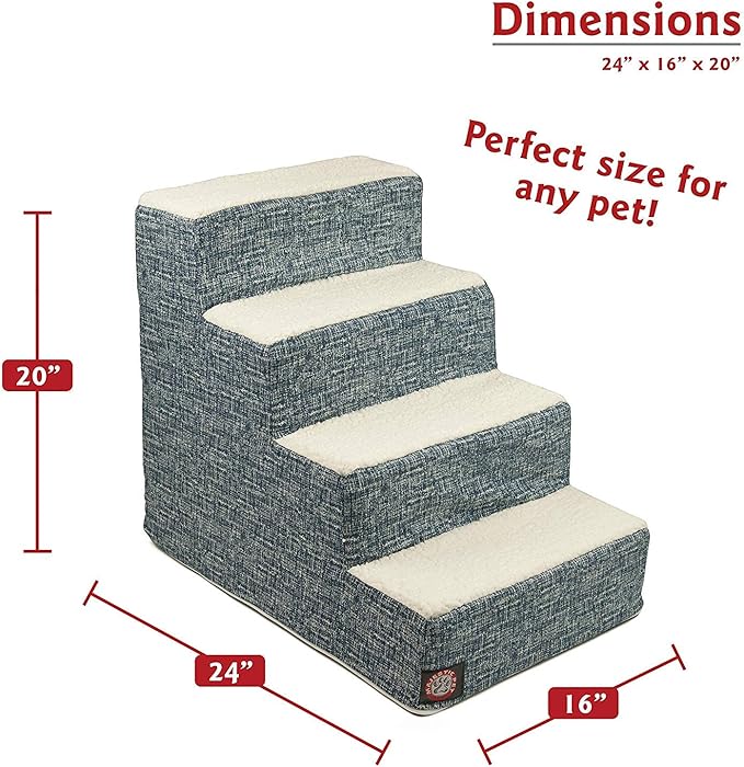 Majestic Pet 4 Step Portable Dog Stairs for Small Dogs to get on Bed Supports 250 lbs or Less–Dog Steps for High Bed with Machine Washable Cover–Pet Stairs for Cats Palette Heathered Navy Blue Denim