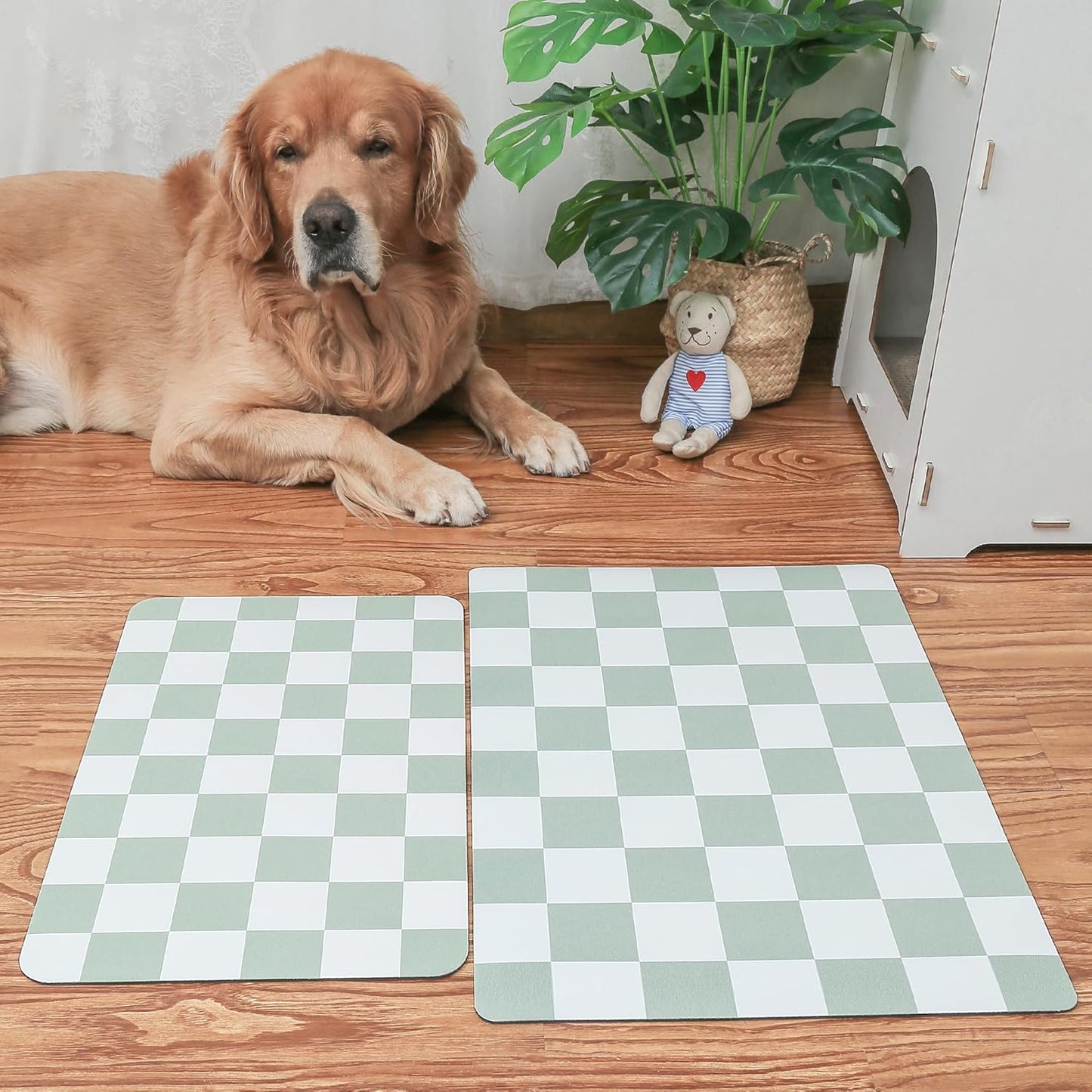 Ralxion Checkered Dog Feeding Mat, Absorbent Mats for Dog Food and Water Bowl, Dispenser, Modern Aesthetic Sage Green Checkerboard Pet Placemat for Dogs, Cats, Puppy, 16" X24”