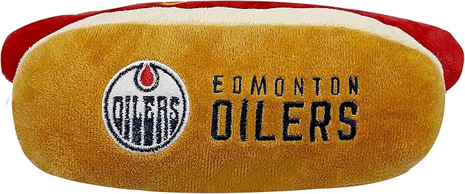 Pets First NHL Edmonton Oilers HOT Dog Plush Dog & CAT Squeak Toy - Cutest HOT-Dog Snack Plush Toy for Dogs & Cats with Inner Squeaker & Beautiful Hockey Team Name/Logo 8 x 5 x 3 Inches