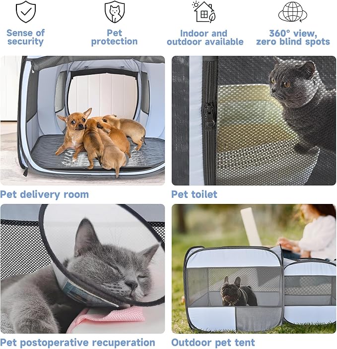 EighteenTek® 2-in-1 Portable Cat Playpen(End Doors), Pop up Kitten Playpen, Assembly-Free, Pet Tent Crates Kennel Cage Enclosure for Dog Puppy Indoor Outdoor(No Divider, Unified Space)