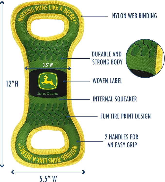 Pets First John Deere Dog Squeak TUG Toy Tough-Nylon Bone Toy for Dogs & Cats. Durable Sturdy PET Toy with John Logo. Best Dog Field Toy for Dog Owners, Farmers, Builders, Etc.., Green (JOD-3030)