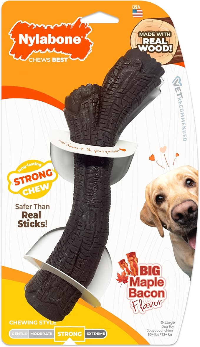 Nylabone Real Wood Stick Toy Strong Chew Toy for Dogs, Rubber Dog Toys for Moderate & Aggressive Chewers, Bacon Flavor, X-Large - 50+ lbs, 1 Count