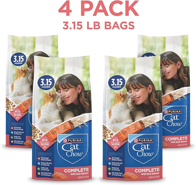 Purina Cat Chow Complete High Protein Dry Cat Food With Real Salmon - (Pack of 4) 3.15 lb. Bags