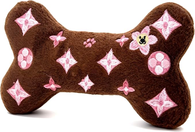 Dog Diggin Designs Chewy Vuiton Brown Blossom Plush Dog Toy Bone | Luxury-Inspired Parody Designer Bone with Squeaker, Soft Plush Chew & Play Dog Toy – Prêt-à-Porter Play!
