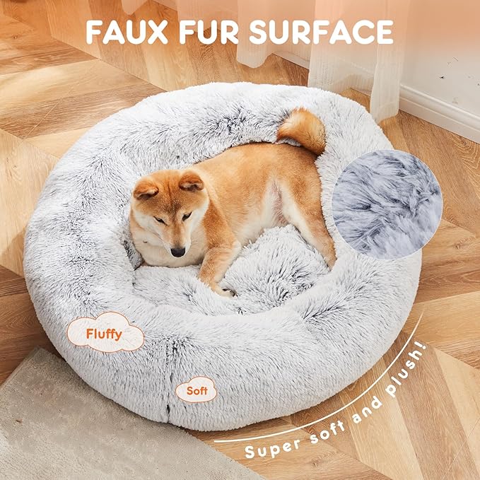 DUMOS Calming Donut Cat & Dog Bed for Small Medium Dogs, Machine Washable Cuddle Warming Cozy Fluffy Faux Fur Plush Round Dog Bed, Anti-Anxiety Waterproof Anti-Slip Pet Bed, 20/24/30/36 inches